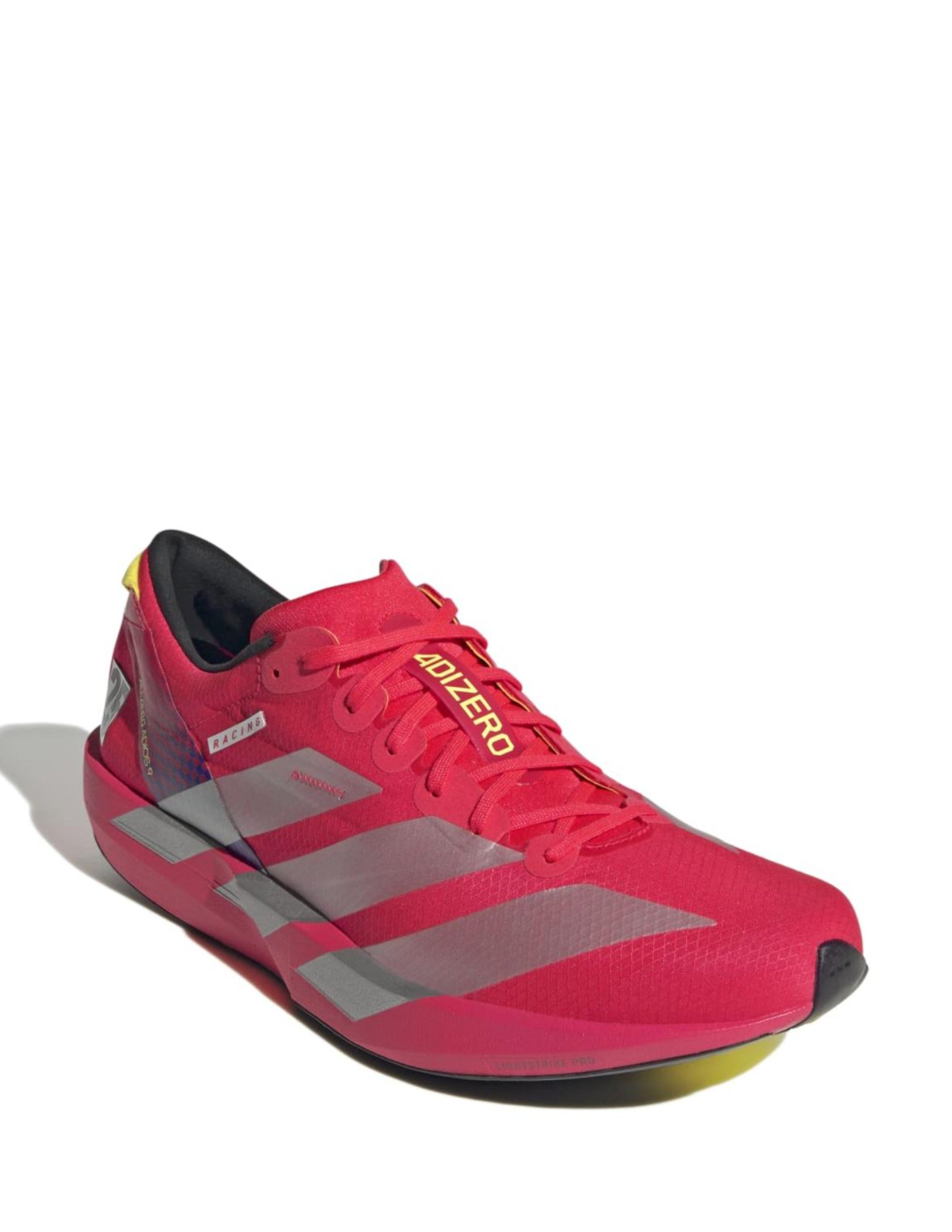 Adizero Adios 9 running shoe in the Lucid Red colorway.