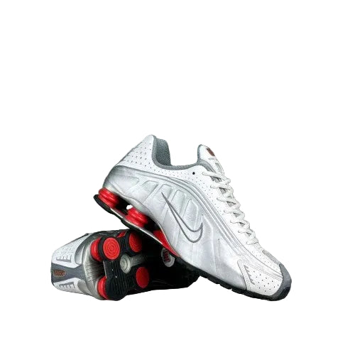 nikee Shox R4 Metallic Silver Comet Red